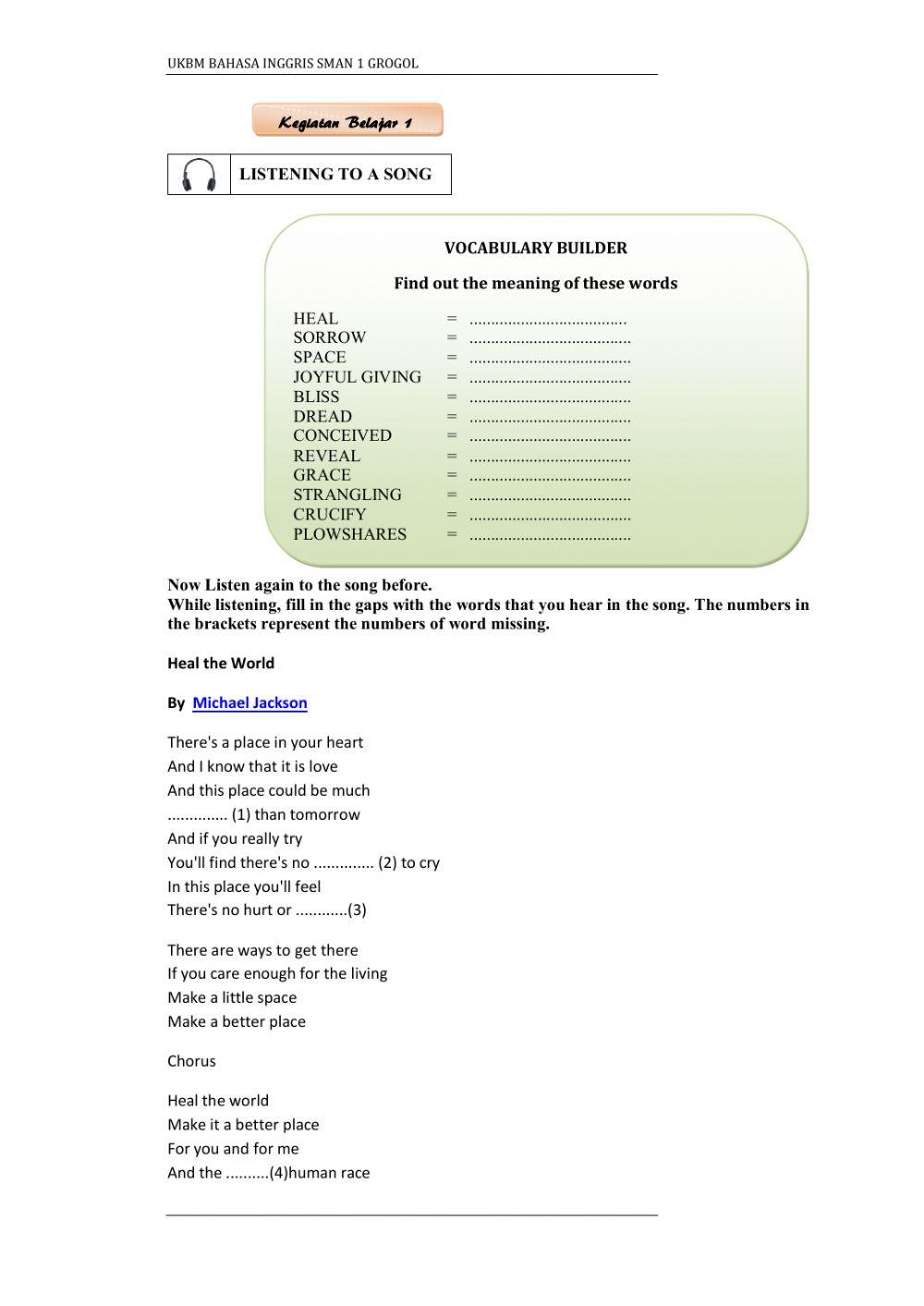 Song Heal The World Worksheet Live Worksheets song-heal-the-world-worksheet-live-worksheets