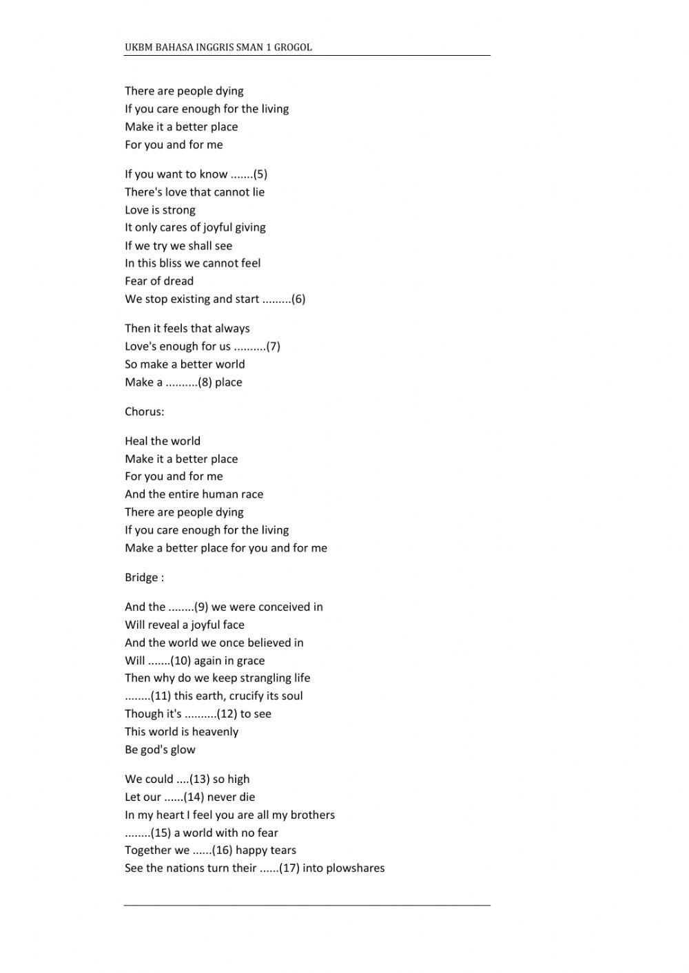 Song Heal The World Worksheet Live Worksheets song-heal-the-world-worksheet-live-worksheets