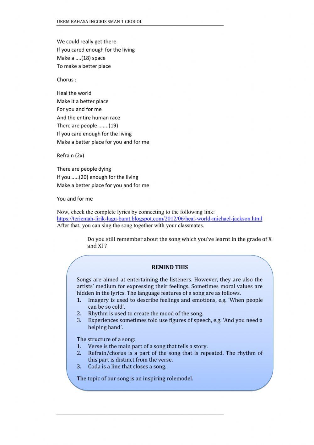 Song Heal The World Worksheet Live Worksheets song-heal-the-world-worksheet-live-worksheets