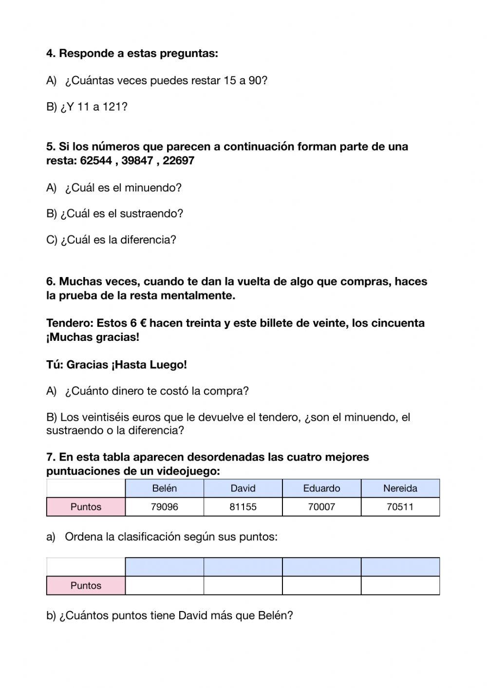 La resta y la prueba