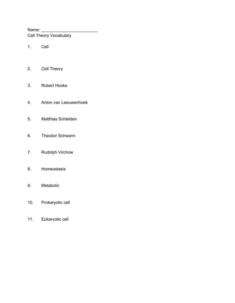 Cell Theory Vocabulary List