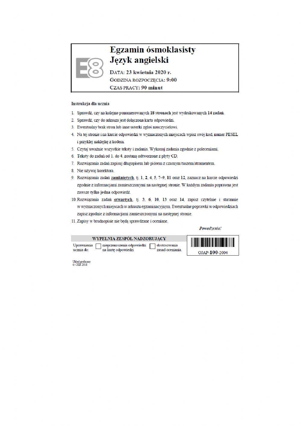 Egzamin Ósmoklasisty CKE probny 23 kwietnia 2020 wersja X - A.Soszka - do ćwiczenia 5