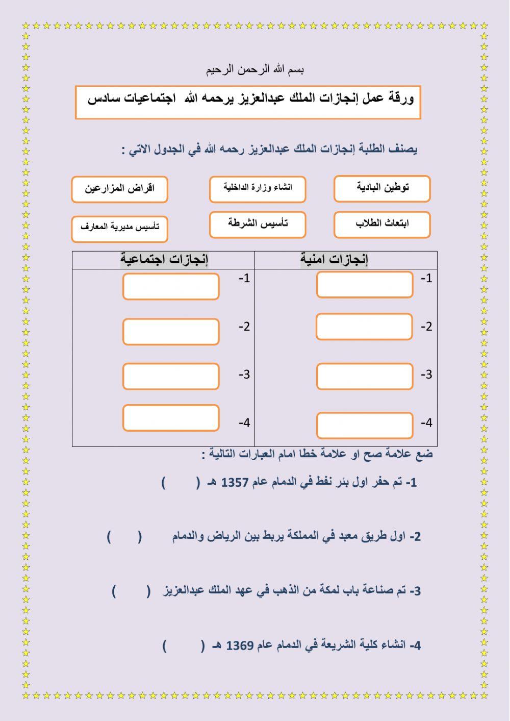 ورقة عمل انجازات الملك عبدالعزيز اجتماعيات سادس