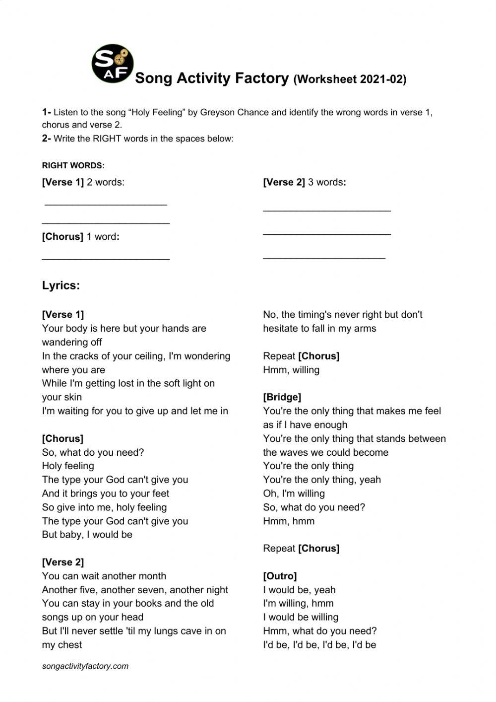 SAF Worksheet 202102 Holy Feeling worksheet Live Worksheets