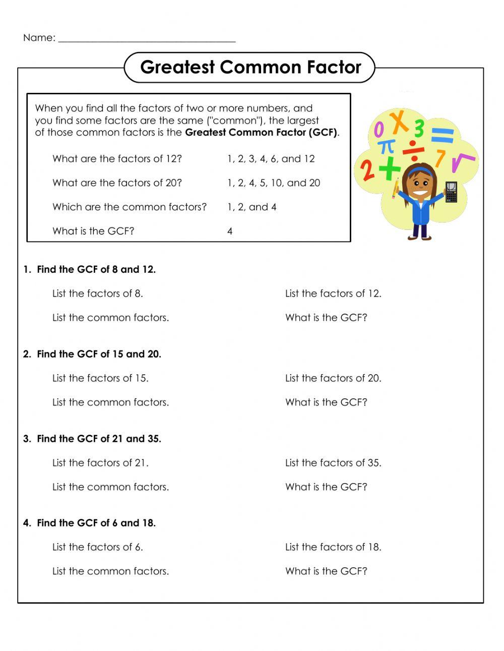 Greatest Common Factor (GCF) Activity Live Worksheets