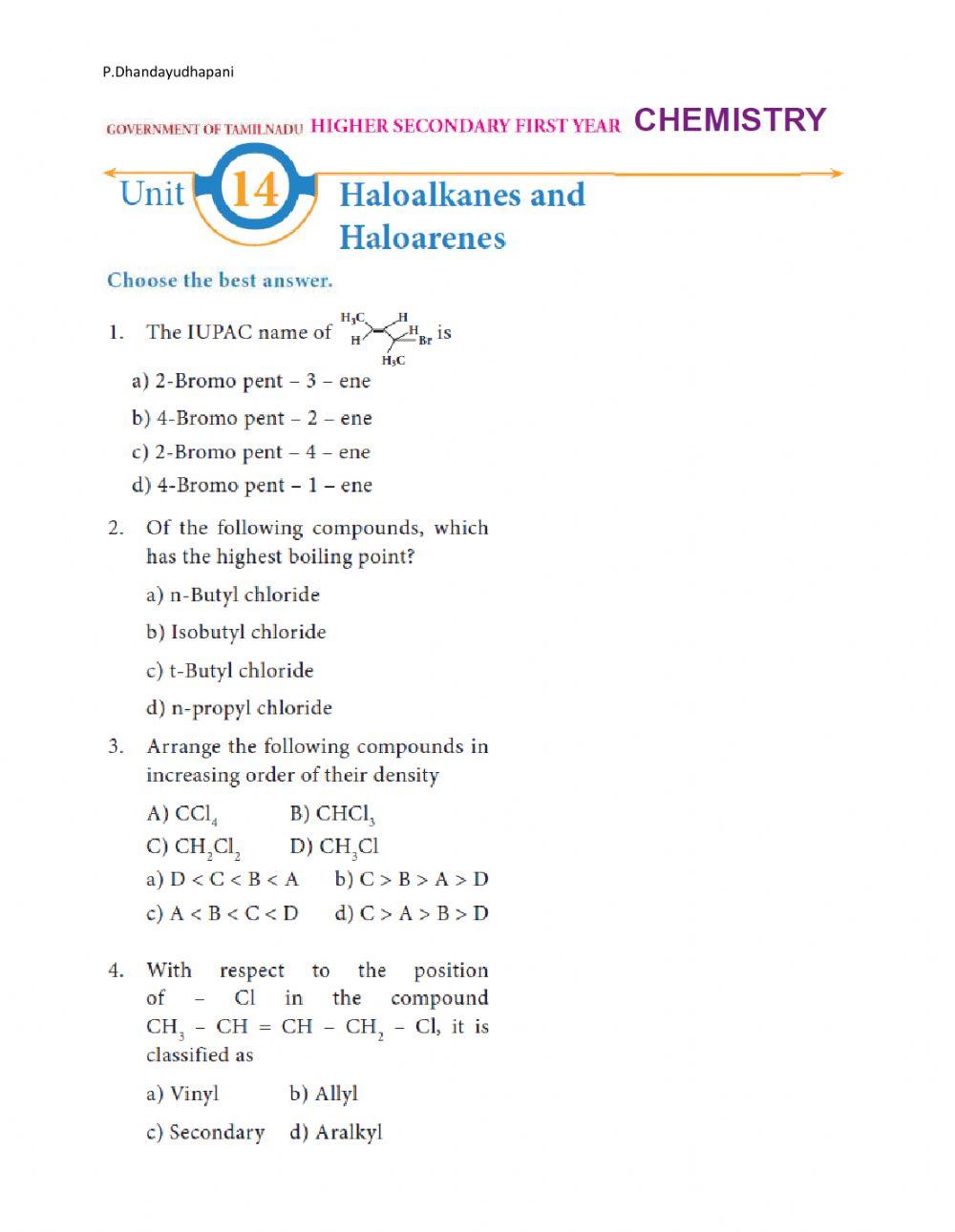 Tnscert - 11th - chemistry - halo alkanes and halo arenes