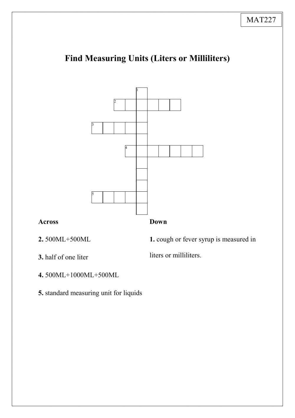 Crossword capacity worksheet Live Worksheets