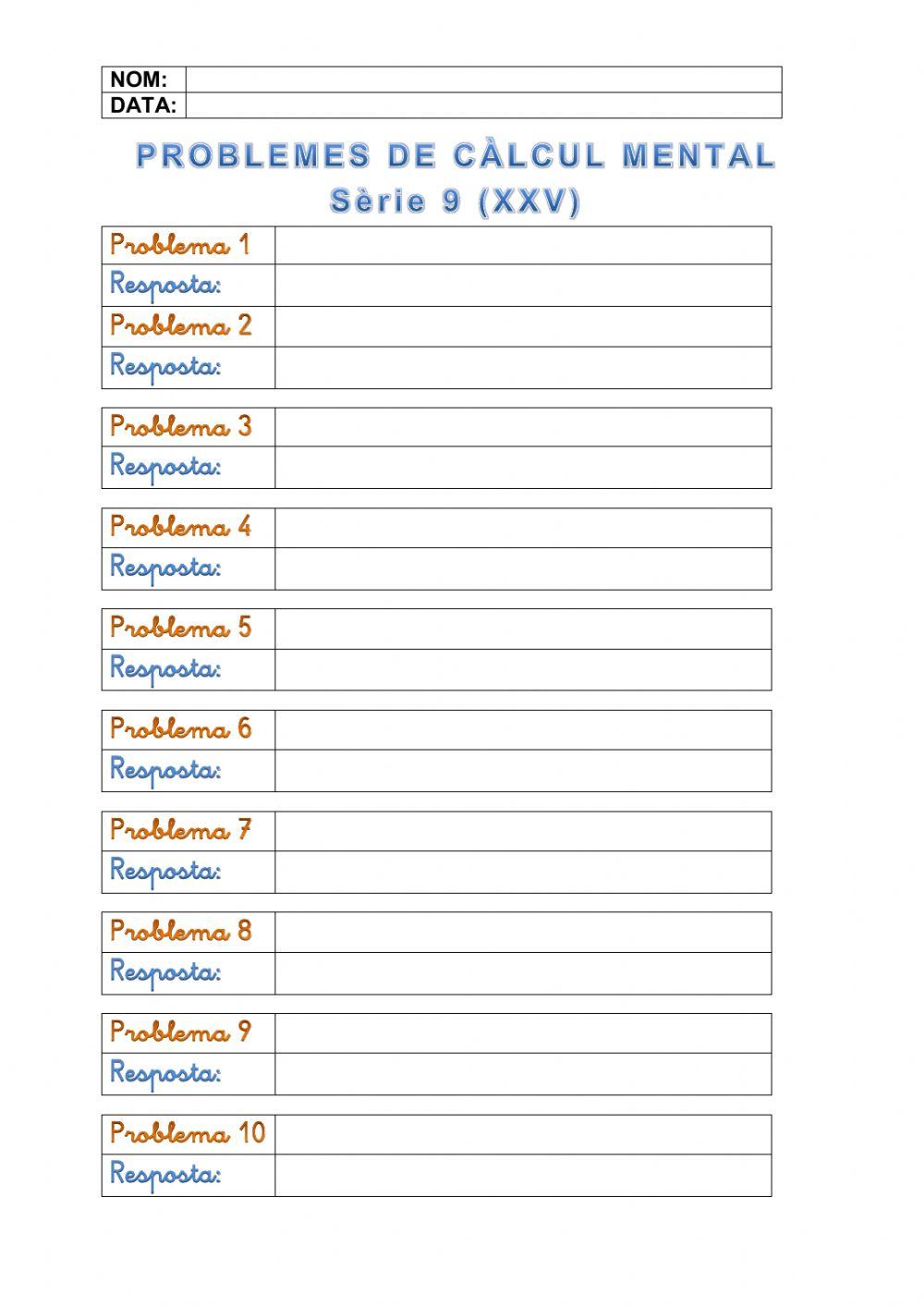 Problemes de càlcul mental: Quinzet 9.241 a 9.250