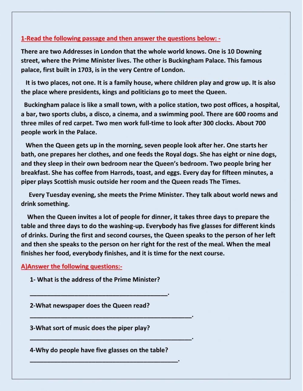 Buckingham Palace Reading Comprehension