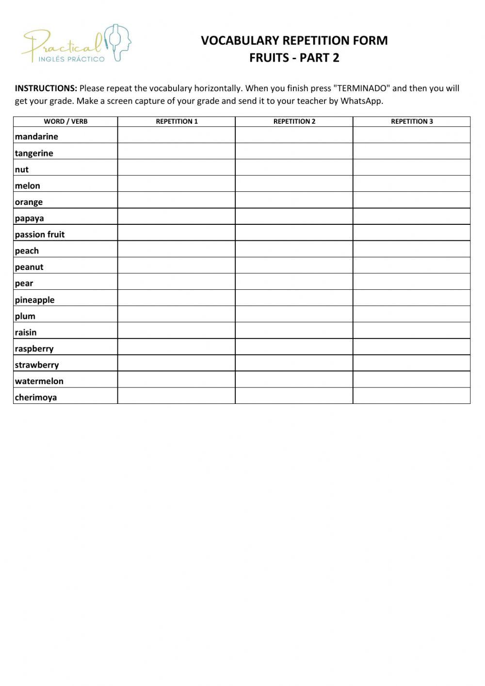 Vocabulary repetition form - fruits - part 2
