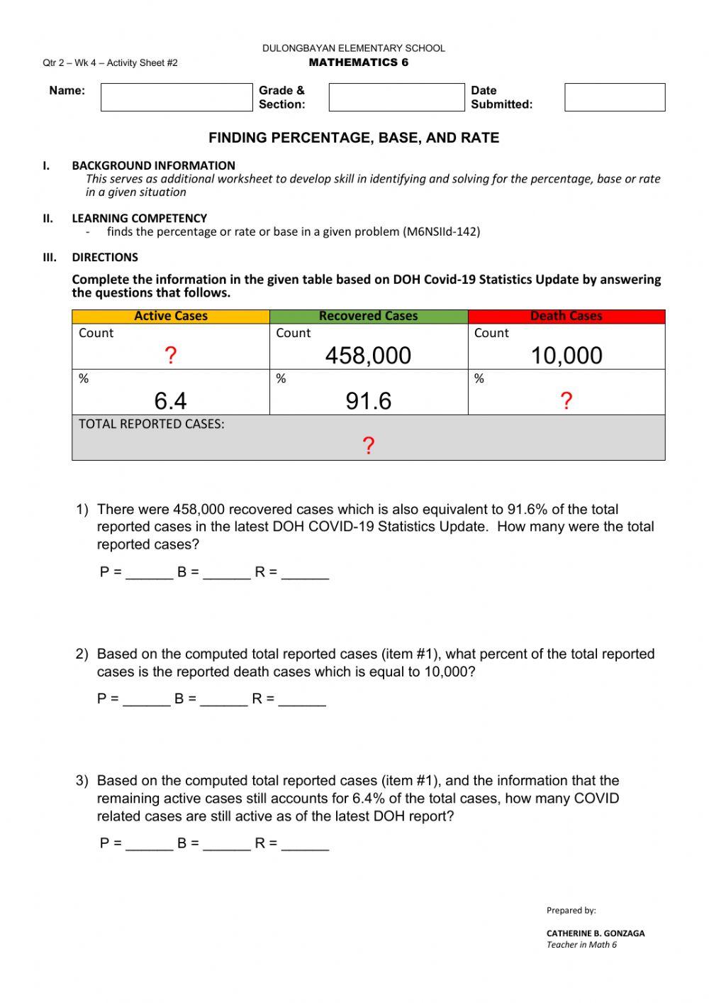 Solving for the Percentage, Base or Rate