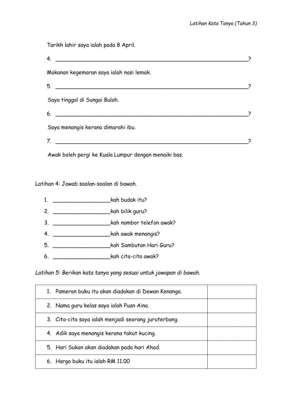 Kata Tanya tahun 3