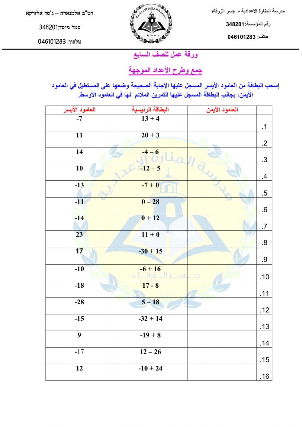 ورقة عمل للصف السابع جمع وطرح الأعداد الموجهة