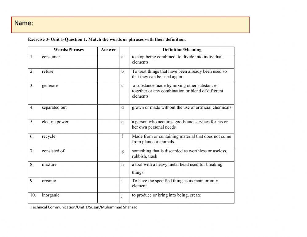 Matching vocabulary exercise Live Worksheets