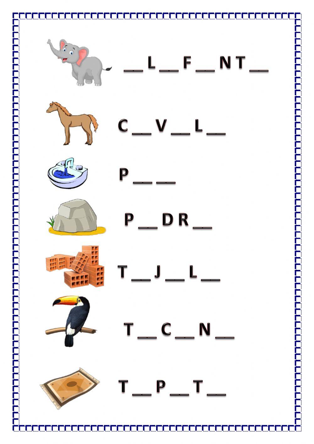 Complete as palavras usando as vogais.