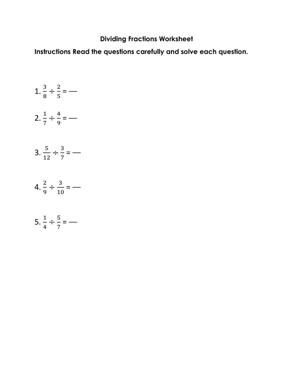Dividing Fraction Worksheet 2 online exercise for Live Worksheets