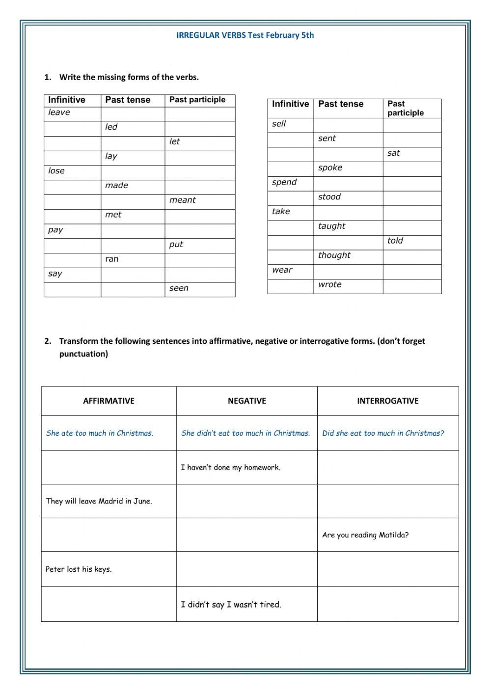 Irregular Verbs Test 22nd January