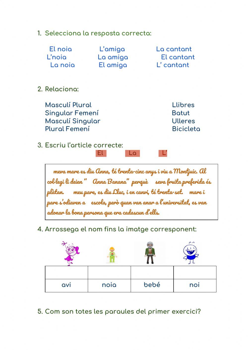 Singular, Plural. Masculí, Femení. Articles