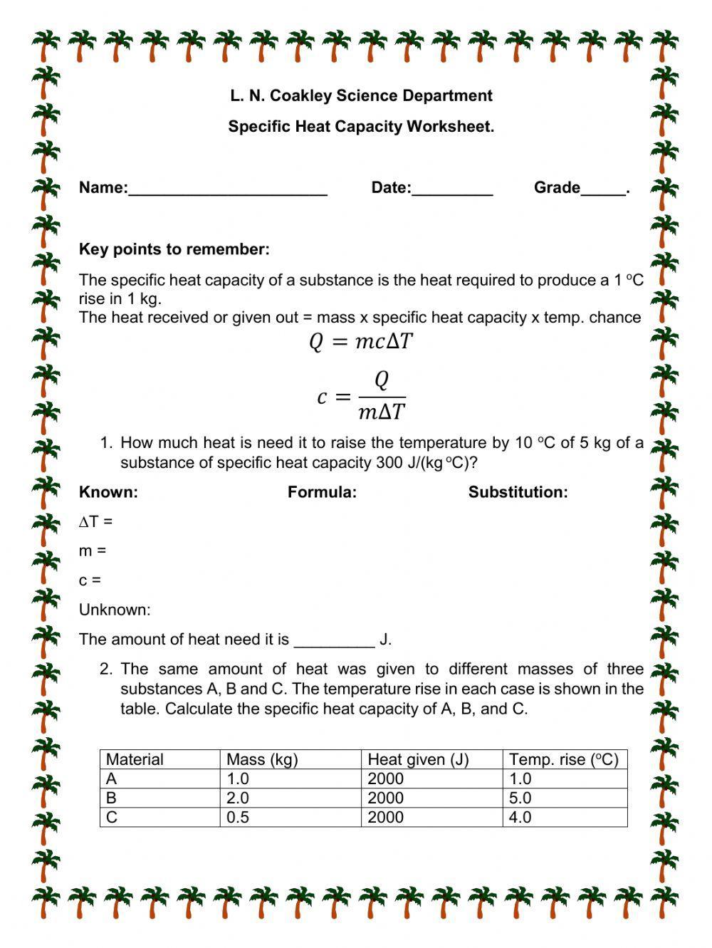 Specific Heat Capacity Worksheet.