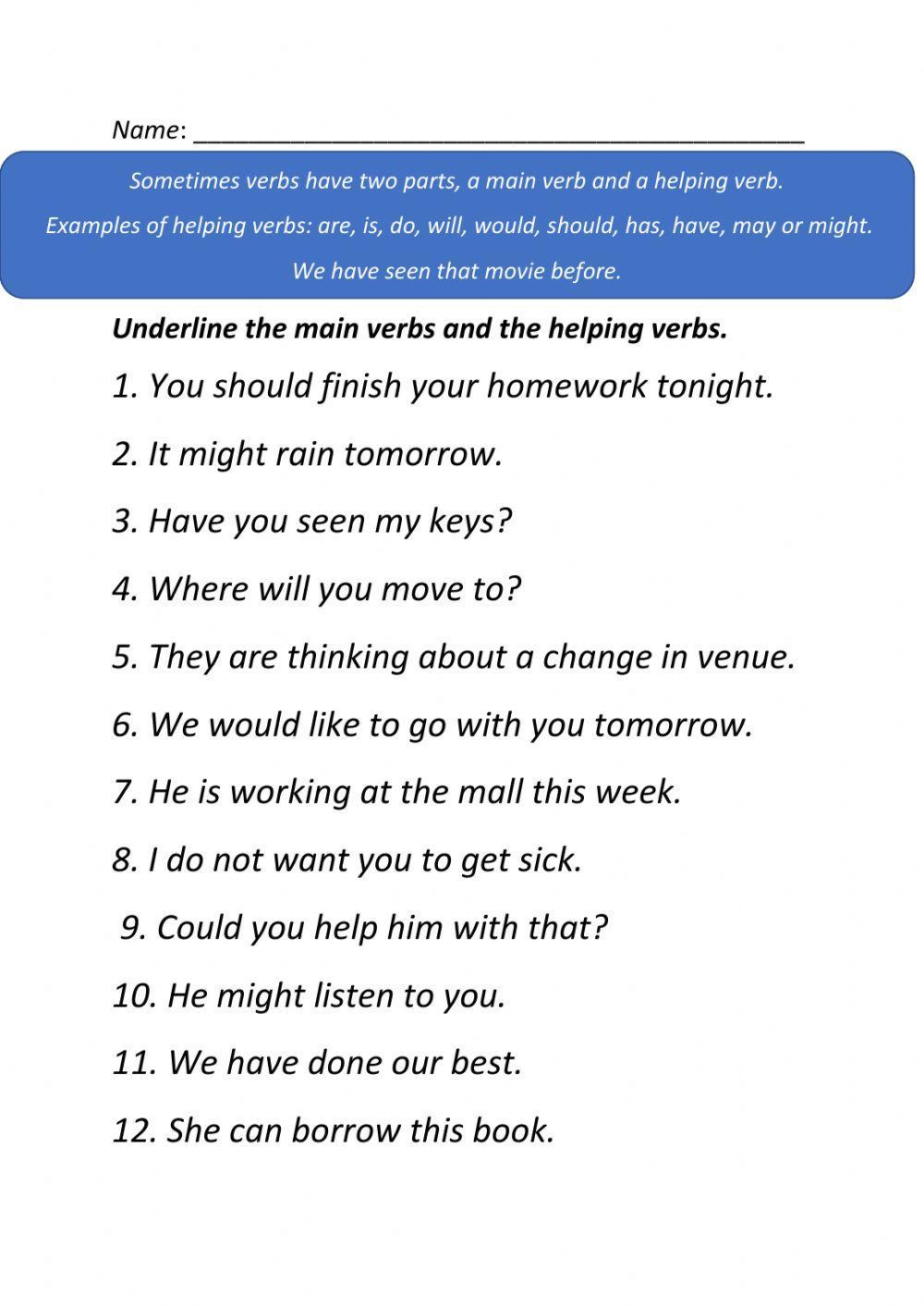 Main verb and Helping verb worksheet | Live Worksheets Main verb and Helping verb worksheet | Live Worksheets