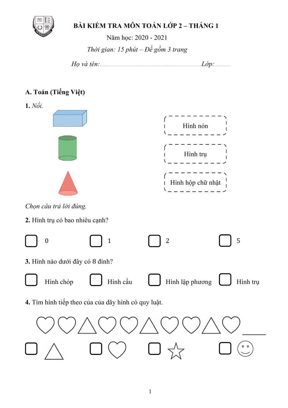 Kiểm tra Toán tháng 1