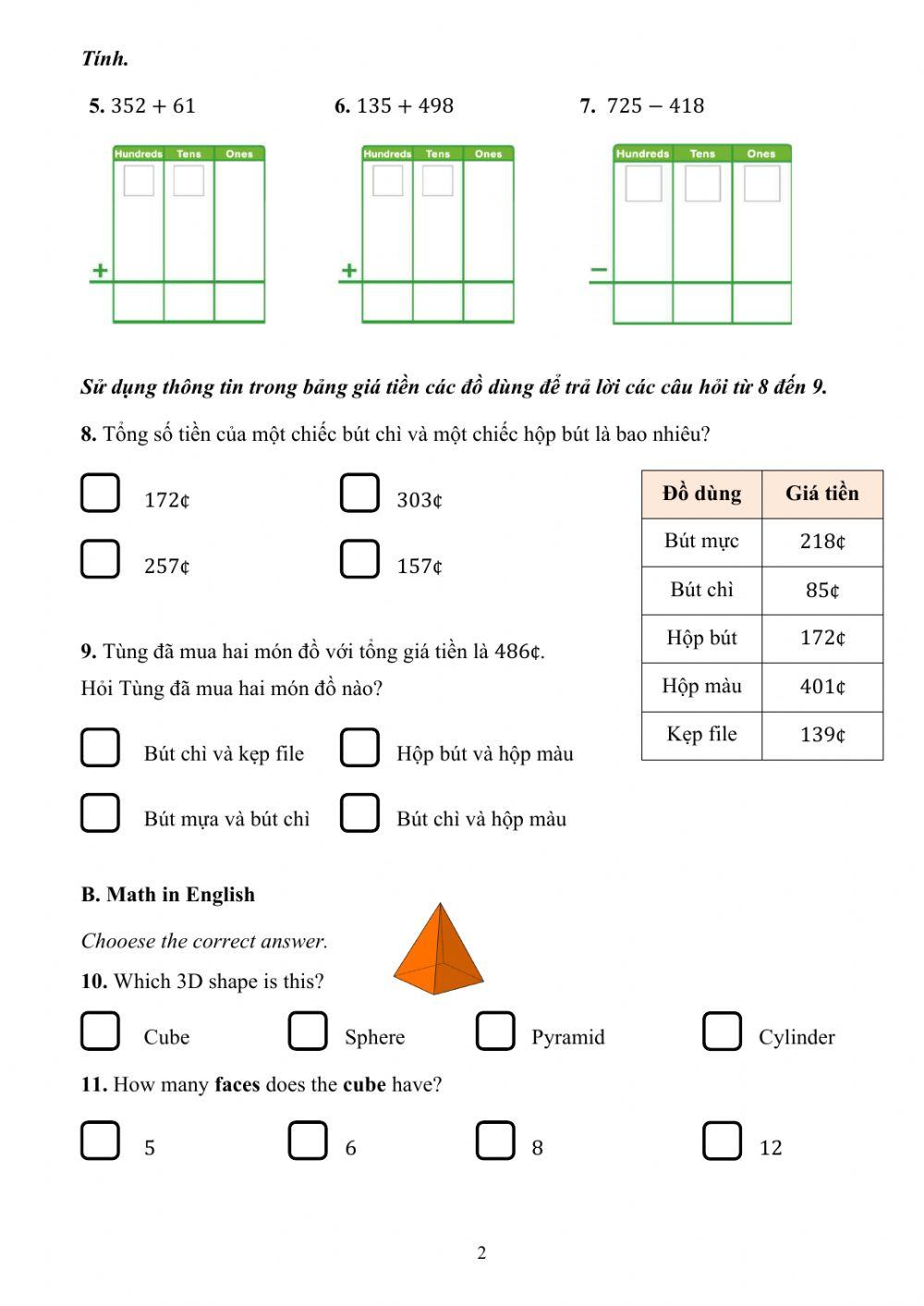 Kiểm tra Toán tháng 1