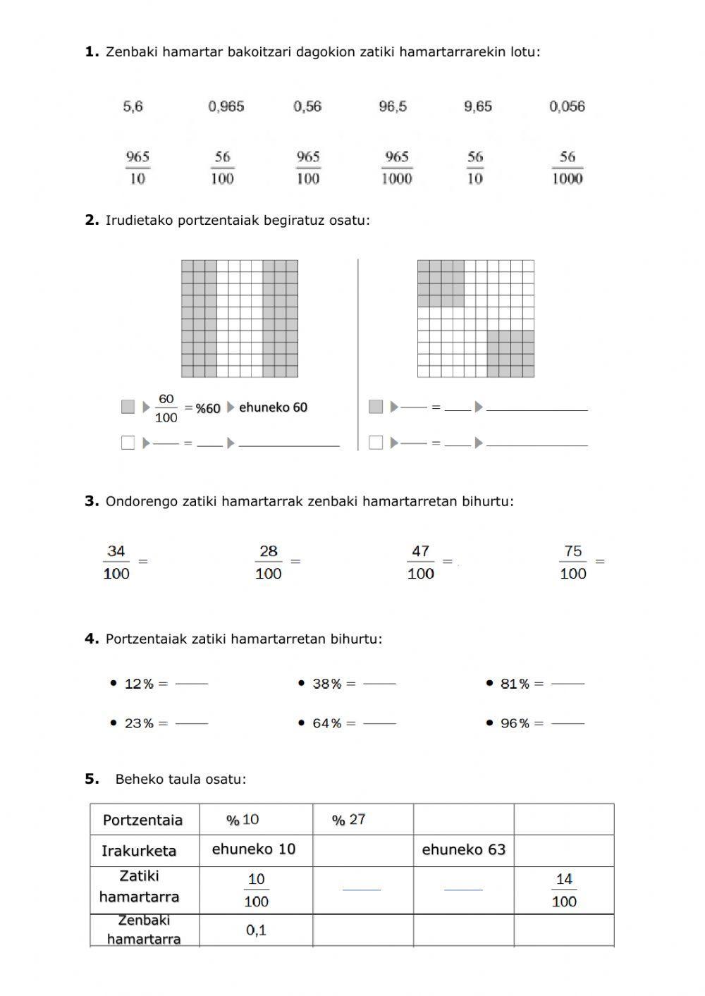Zatiki hamartarrak, zenbaki hamartarrak eta portzentaiak