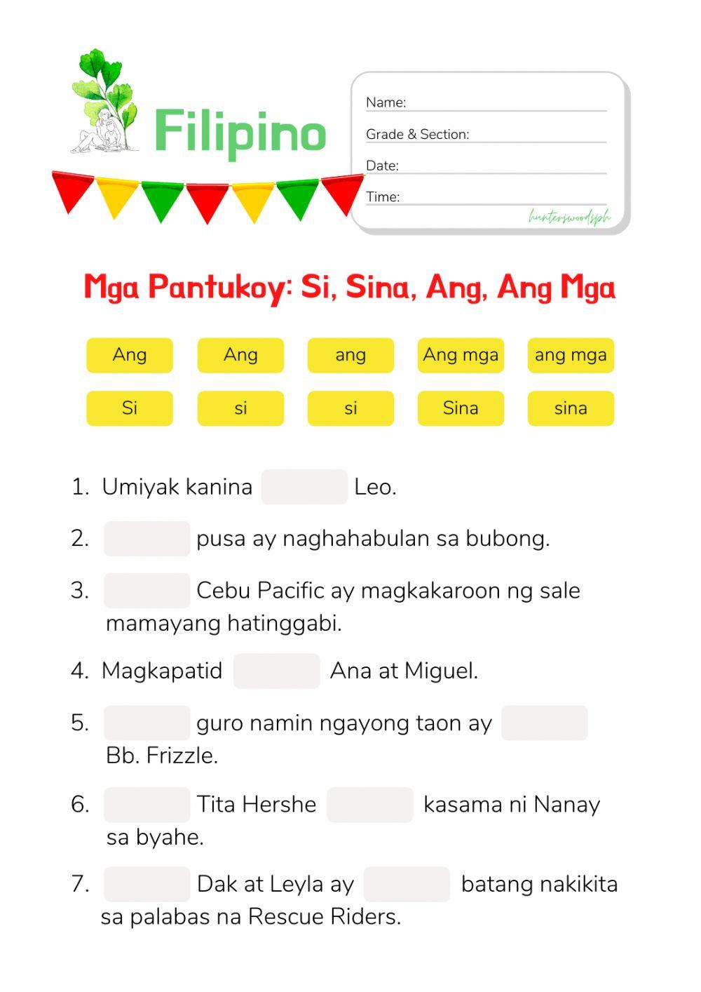 Pantukoy Worksheet for Grade 1: Paggamit ng mga Pantukoy sa Pangungusap