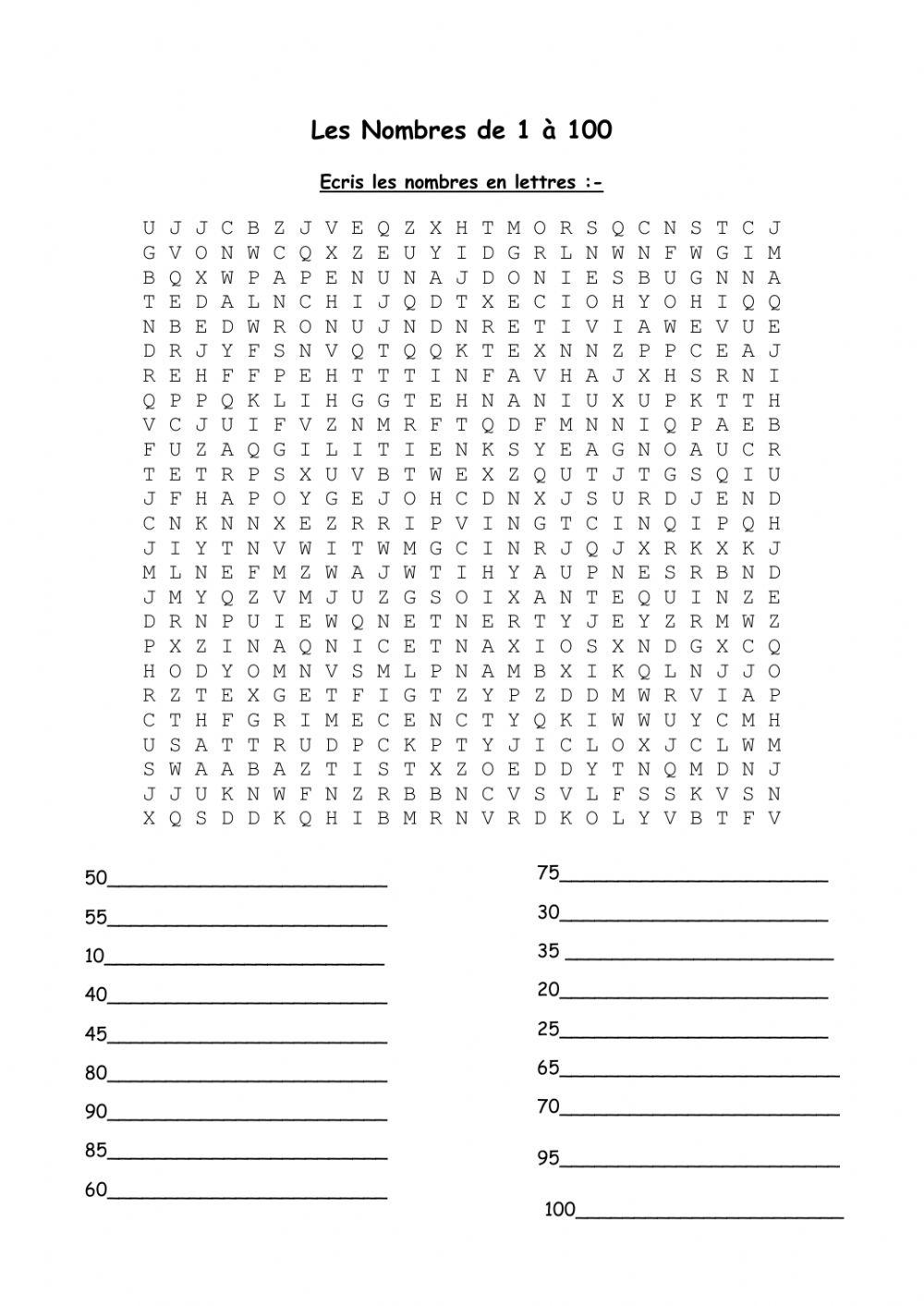 Les nombres de 1 : 100