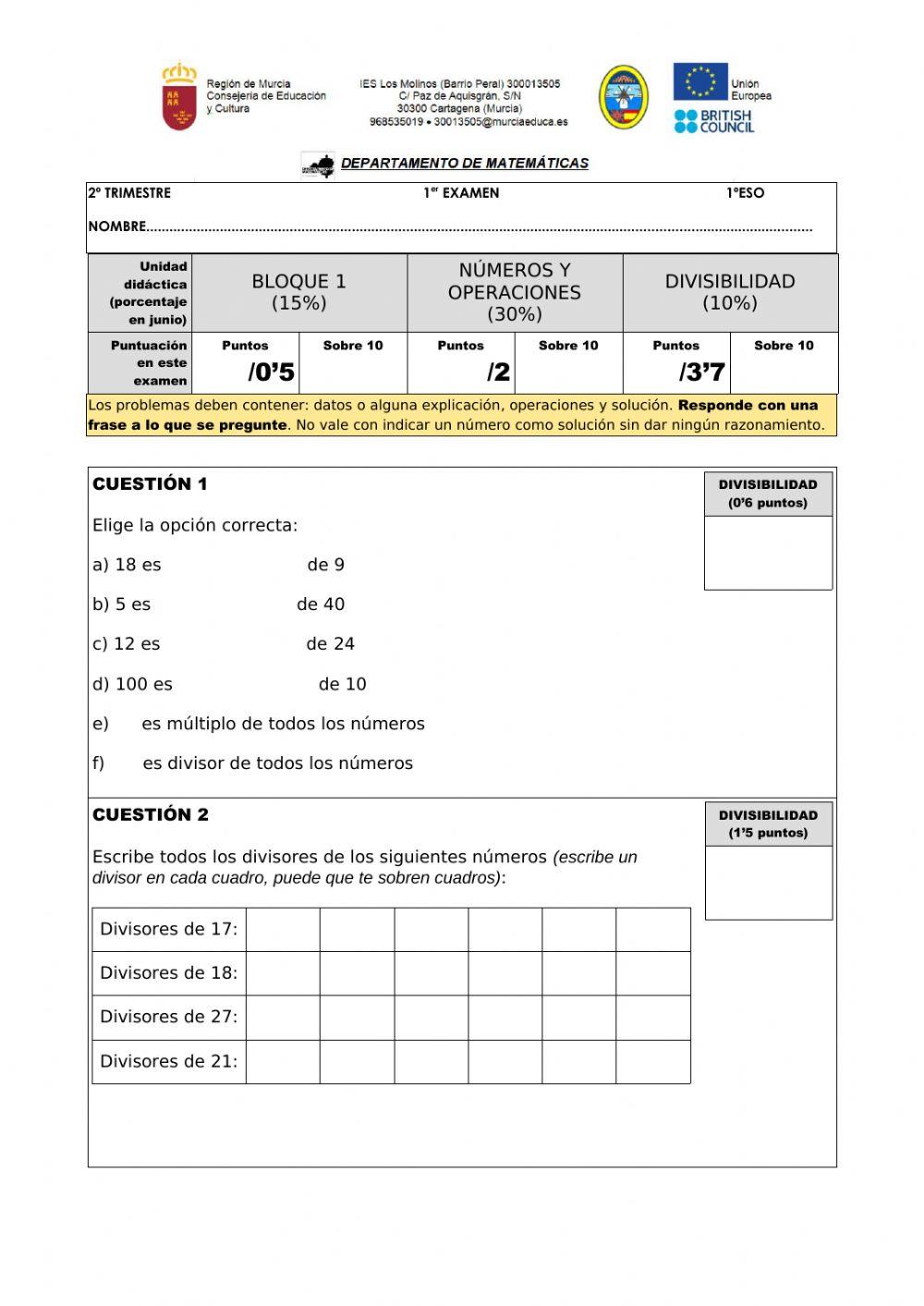 Examen de divisibilidad y problemas.