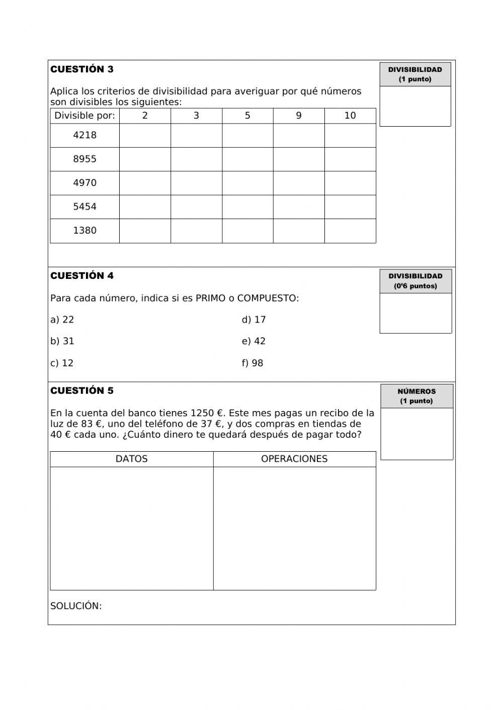 Examen de divisibilidad y problemas.