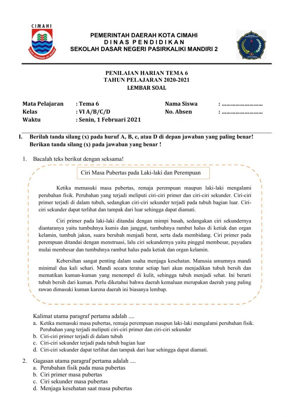 Download soal ulangan harian tema 6 kelas 3
