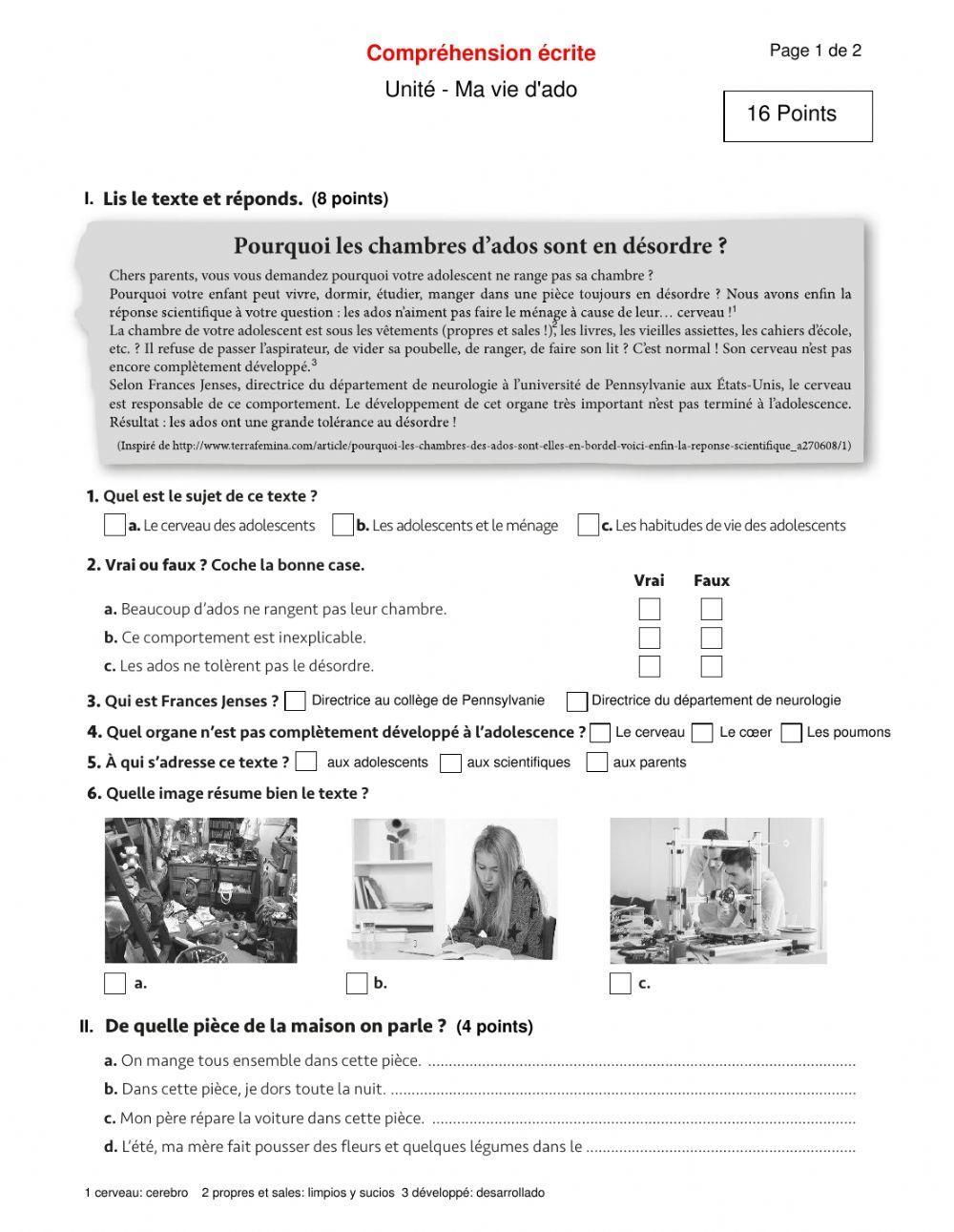 Ma vie d'ado - Compréhension de lecture