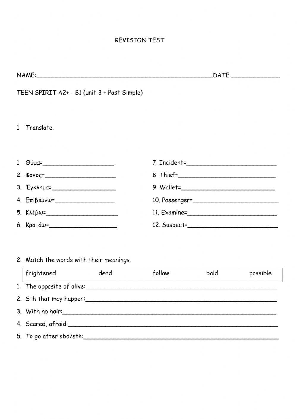 Revision test, teen spirit, unit 3