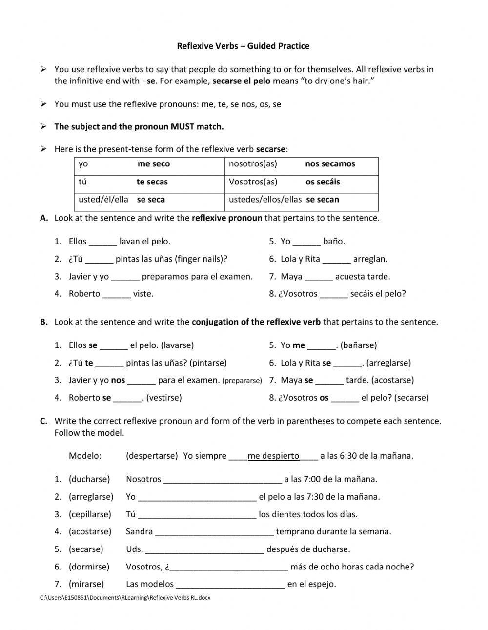 Reflexive Verbs - Guided Practice