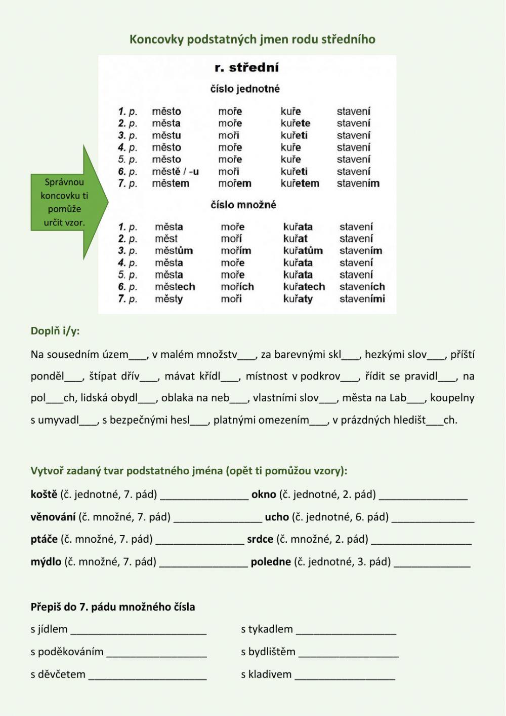 Koncovky podstatných jmen rodu středního