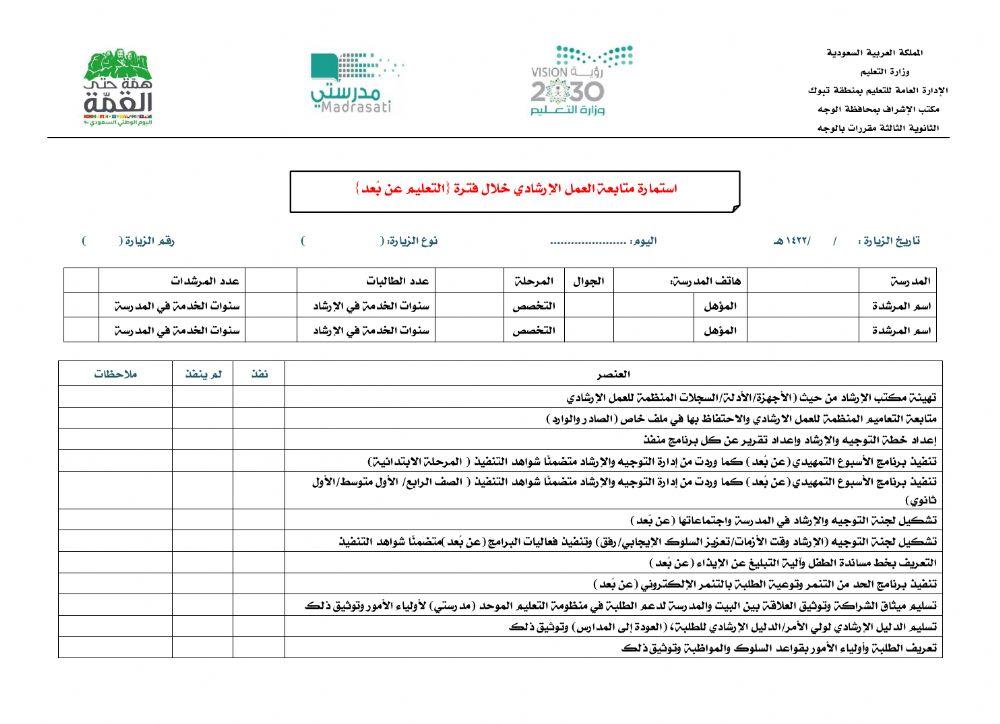 استمارة متابعة العمل الارشادي خلال فترة التعليم عن بُعد