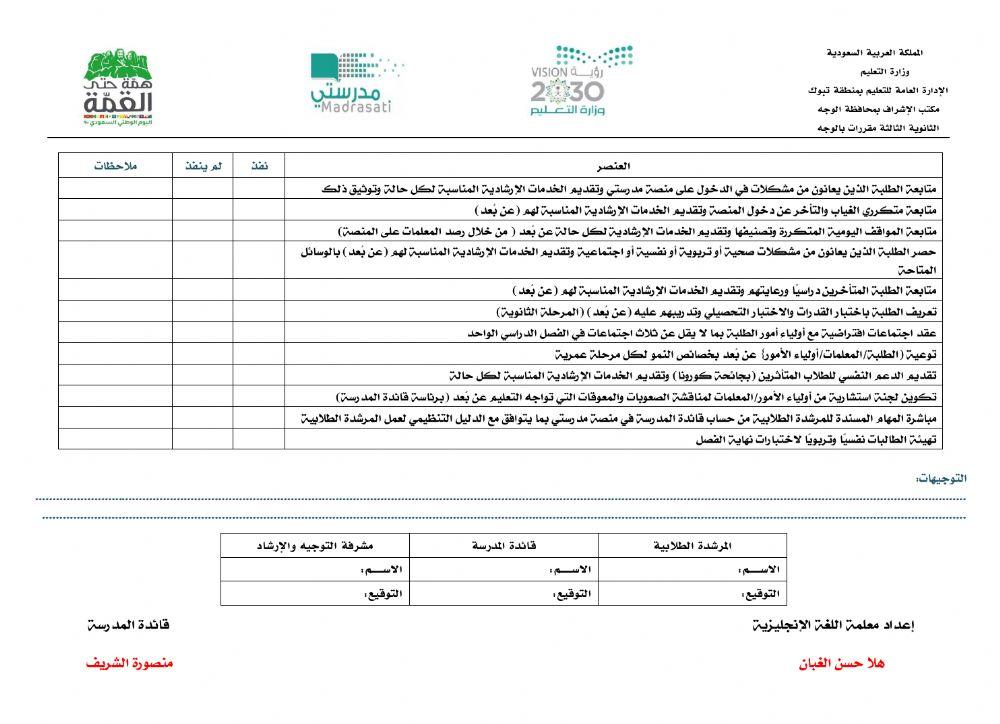 استمارة متابعة العمل الارشادي خلال فترة التعليم عن بُعد