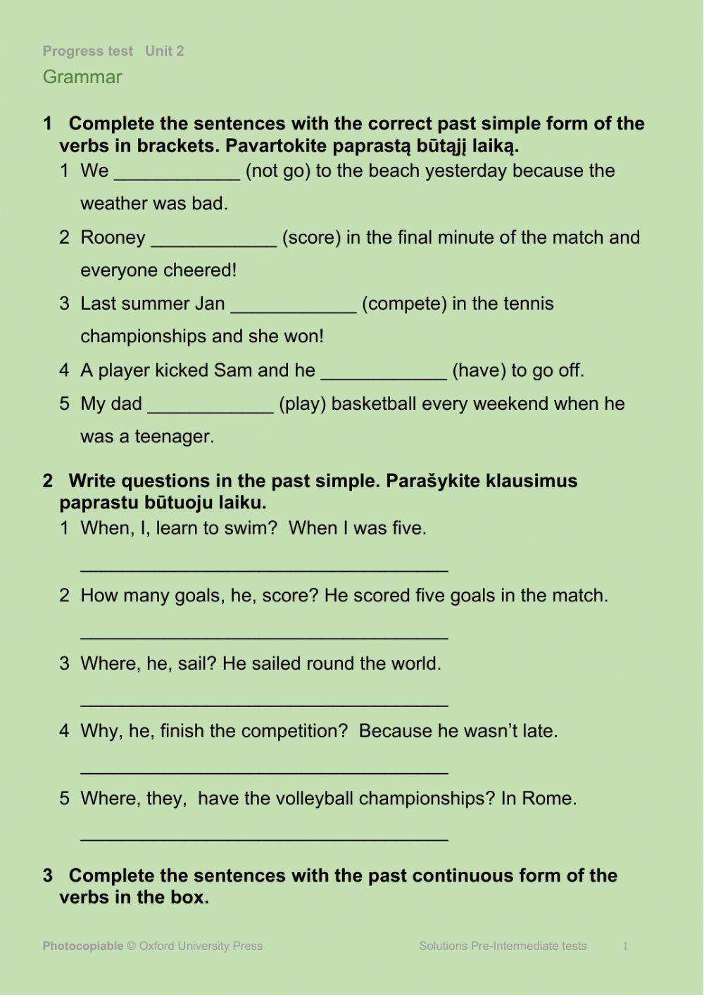 Test unit 2 solutions pre intermediate 1st edition worksheet live