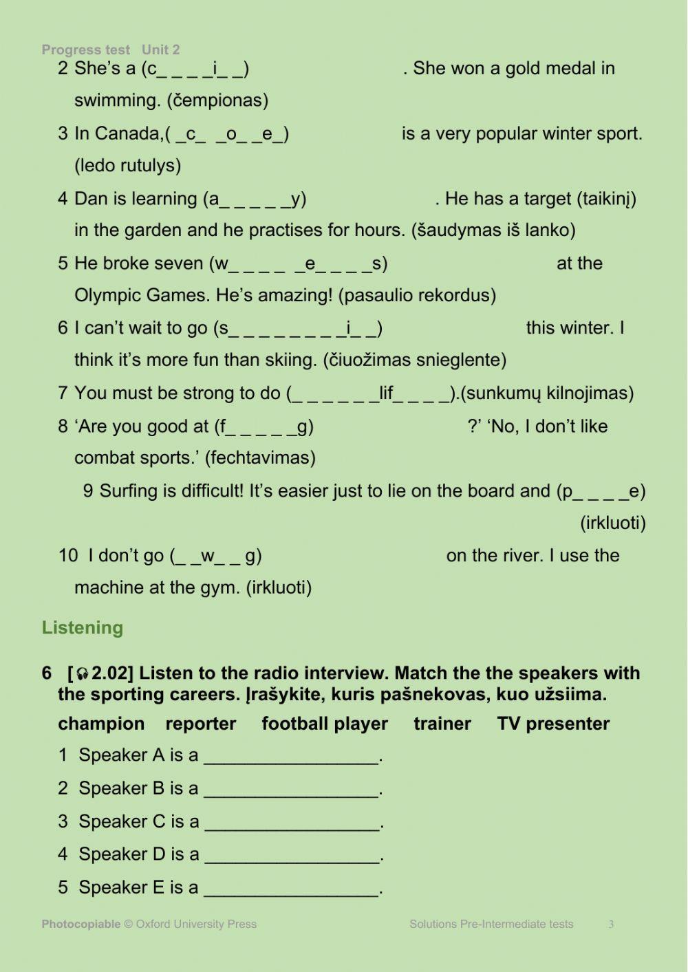 Test unit 2. Solutions pre-intermediate. 1st edition