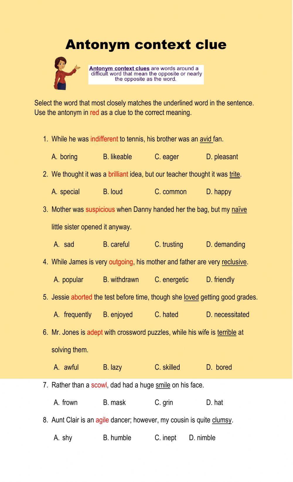 680836 Antonym Context Clue MRSBOLT LiveWorksheets