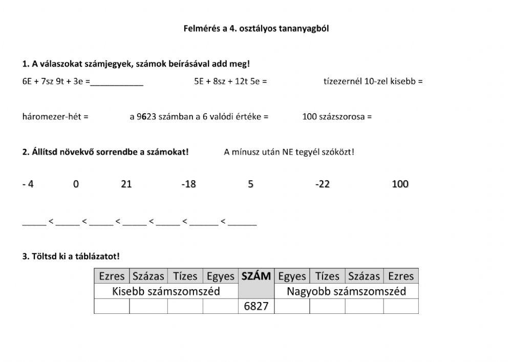 Felmérés, 4. osztály anyaga, matematika