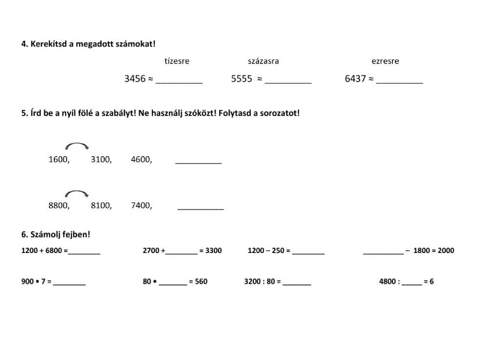 Felmérés, 4. osztály anyaga, matematika