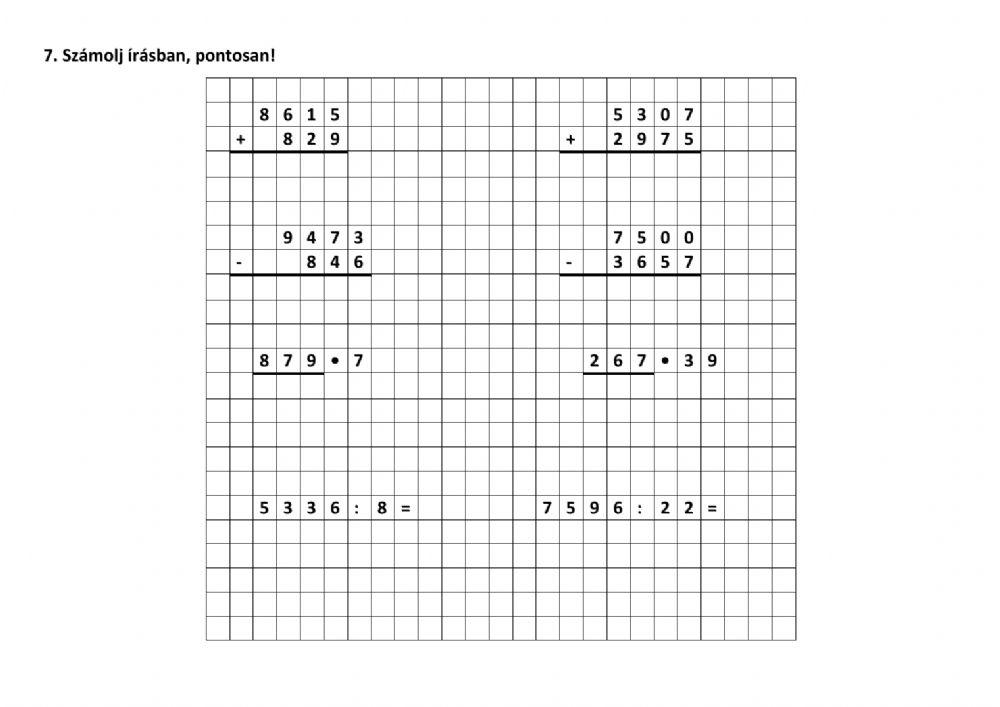 Felmérés, 4. osztály anyaga, matematika