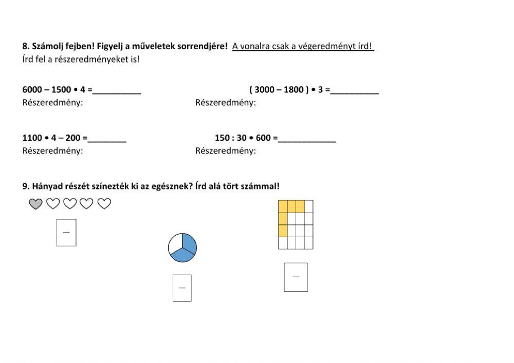 Felmérés, 4. osztály anyaga, matematika