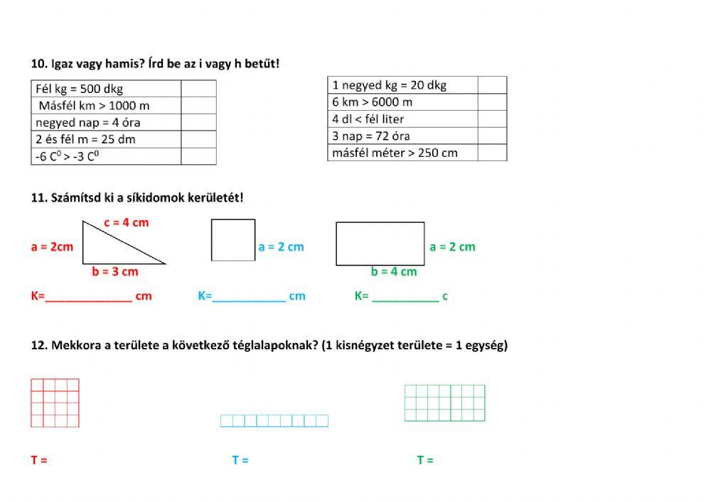 Felmérés, 4. osztály anyaga, matematika