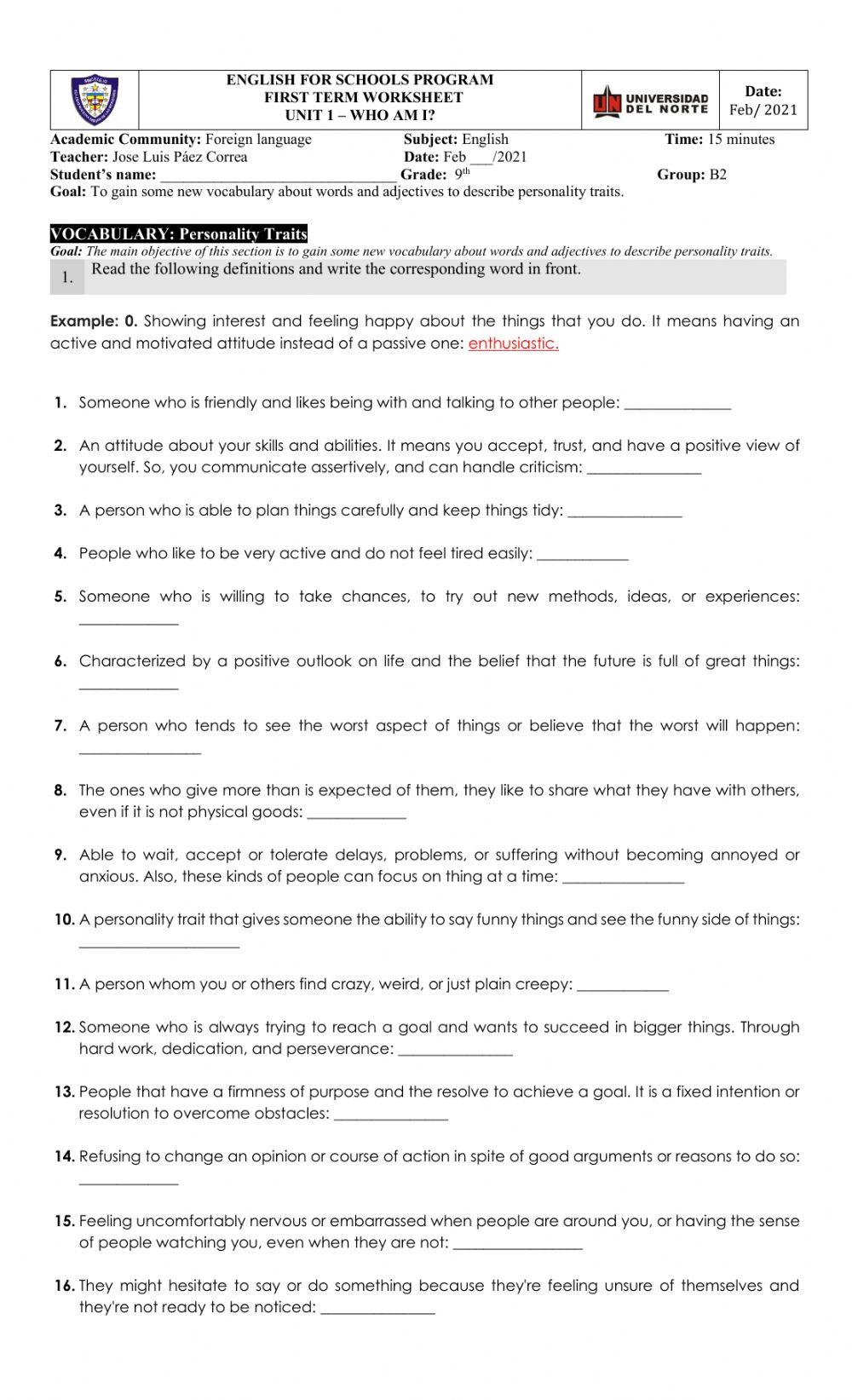 Unit 1 Vocabulary: Personality Traits