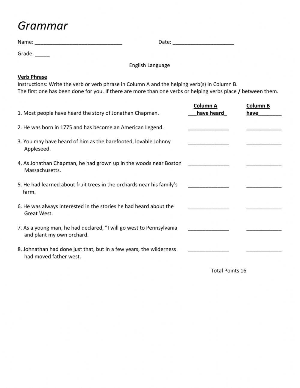 Grammar online exercise for 8 Live Worksheets