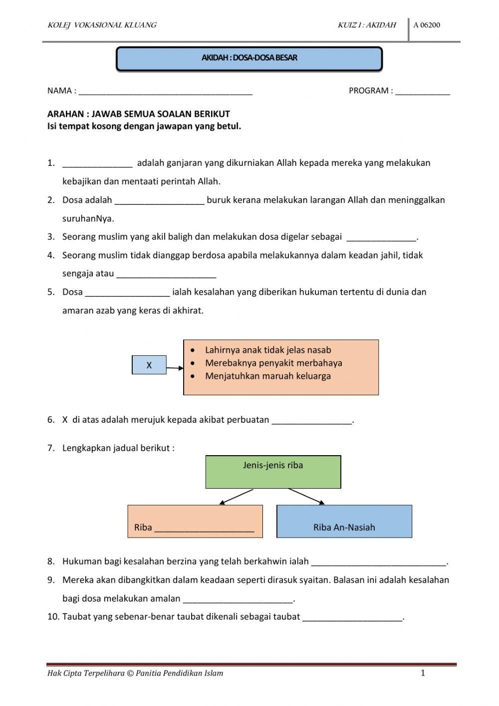 KUIZ AKIDAH SEM 2 KOLEJ VOKASIONAL KLUANG