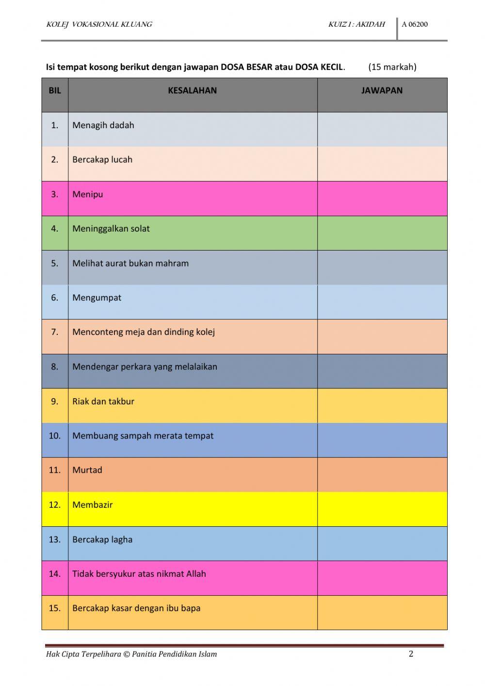 KUIZ AKIDAH SEM 2 KOLEJ VOKASIONAL KLUANG
